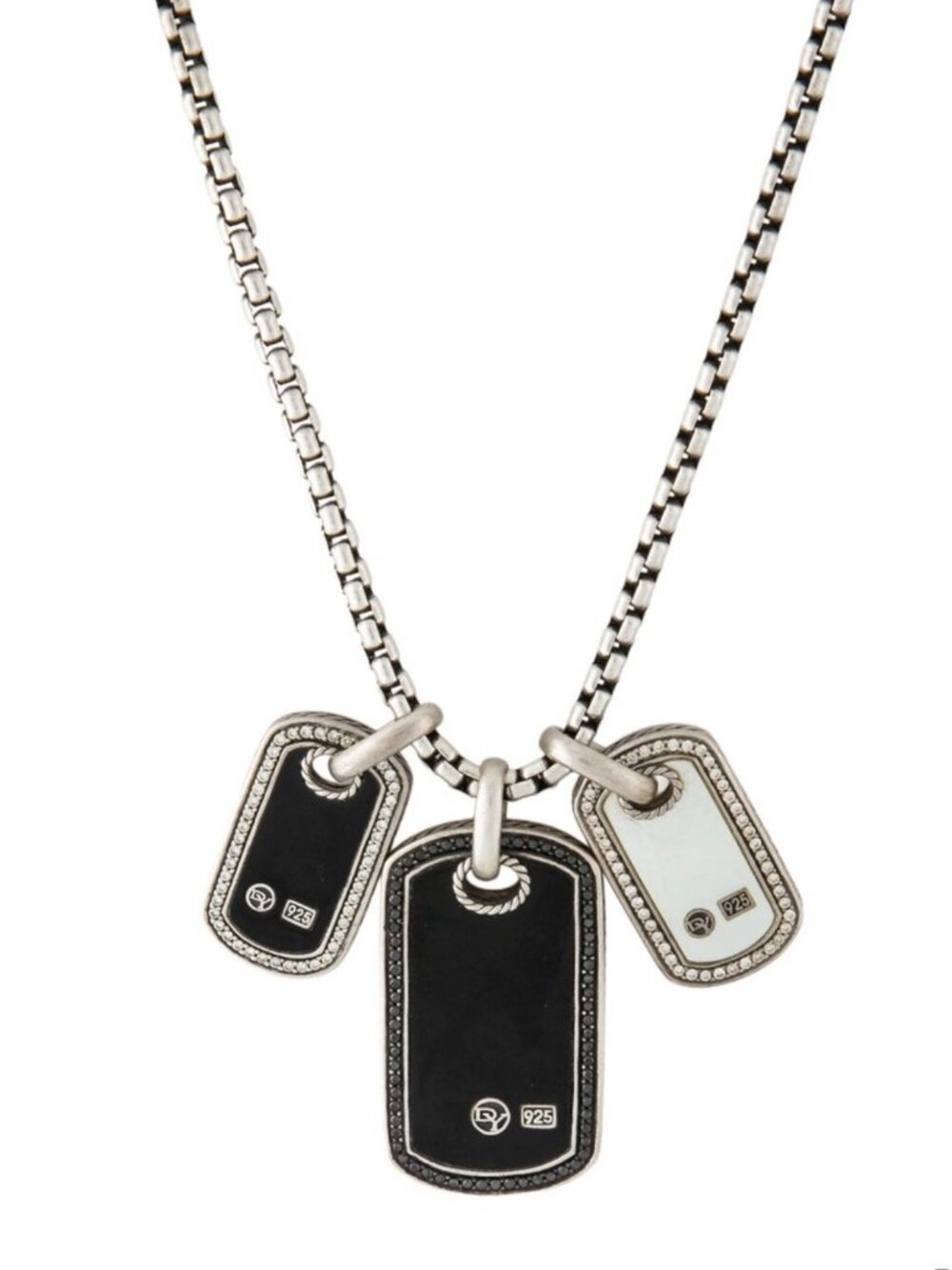 DAVID YURMAN STERLING SILVER 925 ONYX MOTHER OF PEARL & DIAMOND DOG TAG NECKLACE